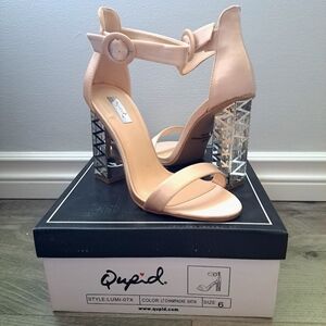 Qupid | lt champagne satin ~ clear chunk high heel with ankle buckle